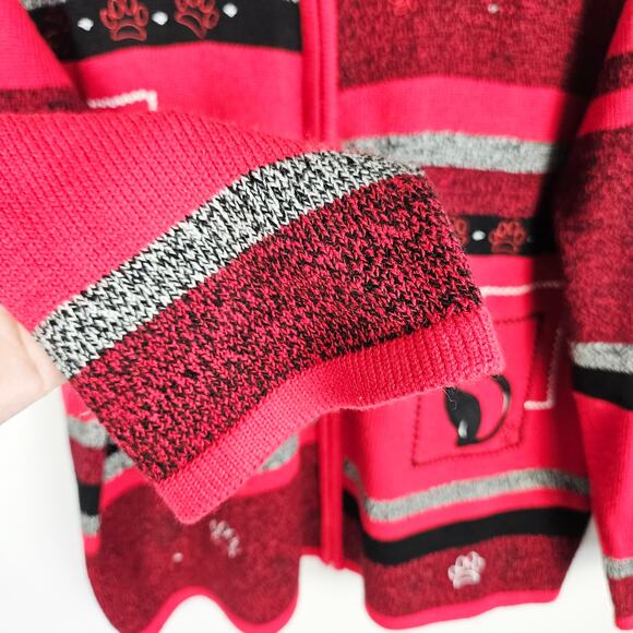 Allison Daley Cat Sweater Jacket Zip Cardigan XL Red Black Striped Embroidered - Picture 5 of 10